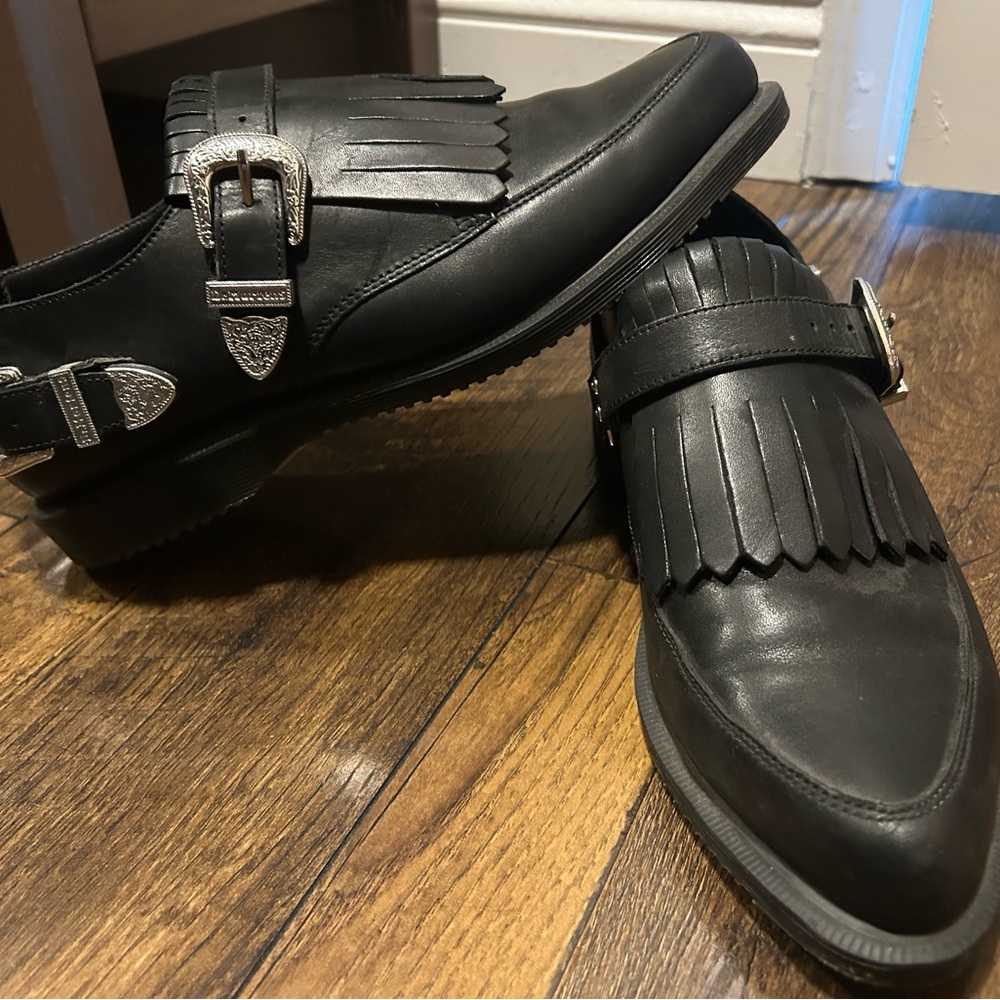 Dr. Martens DELYLAH Black Leather Oxfords with Silver Accents